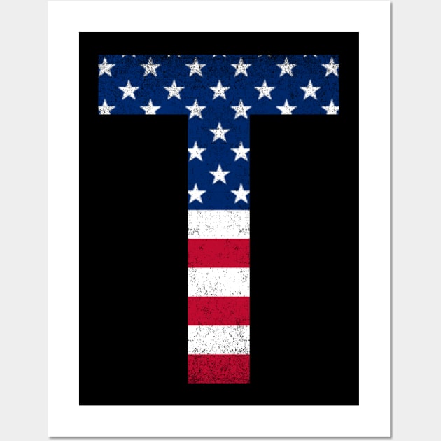 Vintage Letter T Capital Alphabet T American Flag Wall Art by Shariss